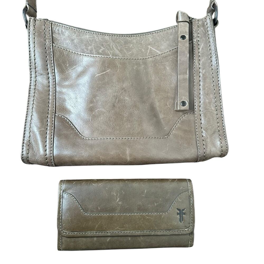 Frye Melissa Brown Distressed Leather Crossbody Bag + Matching Wallet Set